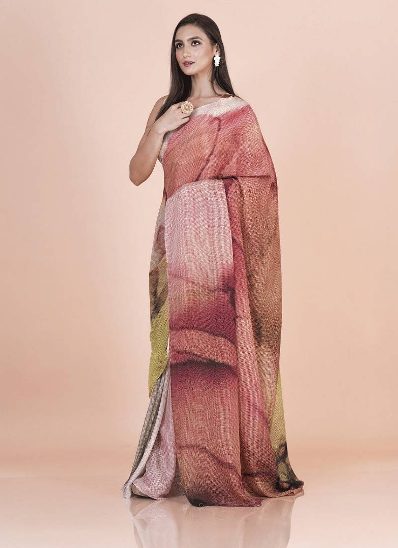 Multi coloured pixel styled digital printed chinnon silk saree with blouse