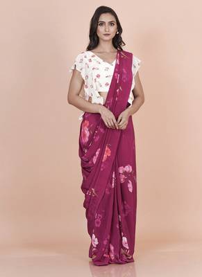 Wine coloured  floral styled digital printed crepe saree with blouse 4