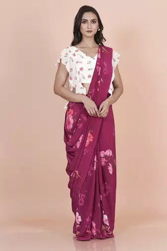 Wine coloured  floral styled digital printed crepe saree with blouse