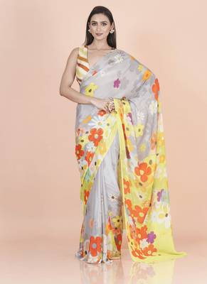 Multi coloured  floral styled digital printed chinnon silk saree with blouse 4