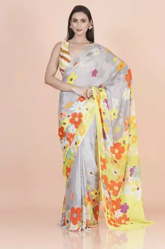 Multi coloured  floral styled digital printed chinnon silk saree with blouse