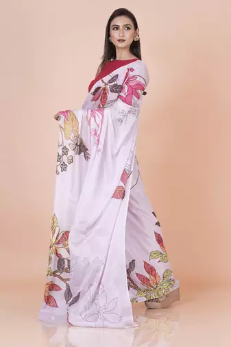 Lavender coloured floral abstract styled digital printed chinnon silk saree with blouse