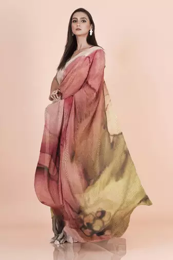 Multi coloured pixel styled digital printed chinnon silk saree with blouse