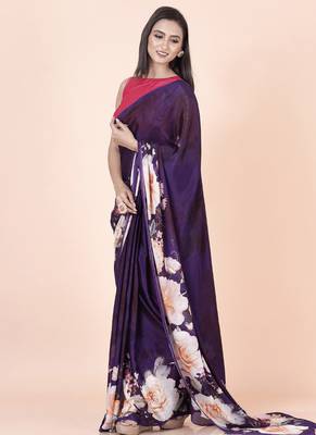 Purple coloured floral styled digital printed chinnon silk saree with blouse 3