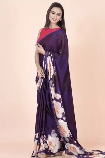 Purple coloured floral styled digital printed chinnon silk saree with blouse