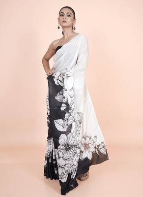 white coloured floral styled digital printed chinnon silk saree with blouse 3