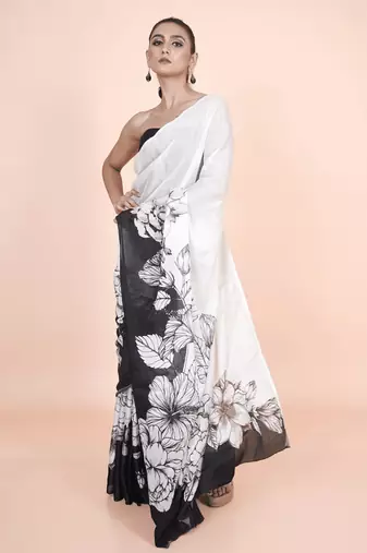 white coloured floral styled digital printed chinnon silk saree with blouse