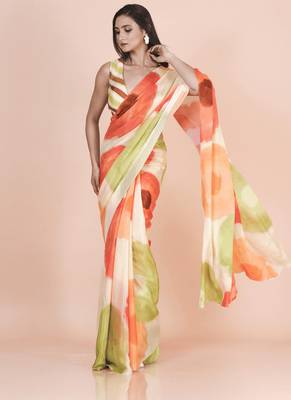 Multi coloured abstruct styled artistic  digital printed chinnon silk saree with blouse 3