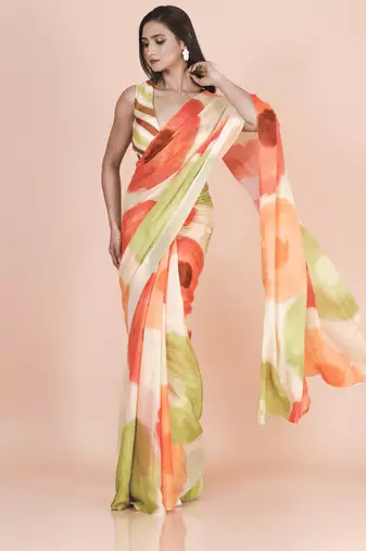 Multi coloured abstruct styled artistic  digital printed chinnon silk saree with blouse