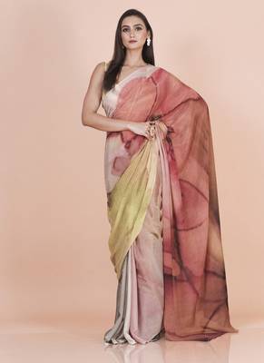Multi coloured pixel styled digital printed chinnon silk saree with blouse 4