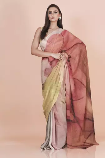 Multi coloured pixel styled digital printed chinnon silk saree with blouse