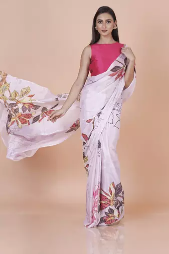 Lavender coloured floral abstract styled digital printed chinnon silk saree with blouse
