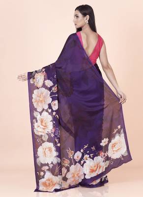 Purple coloured floral styled digital printed chinnon silk saree with blouse 4