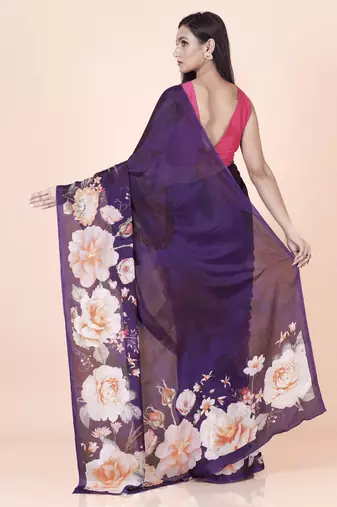 Purple coloured floral styled digital printed chinnon silk saree with blouse