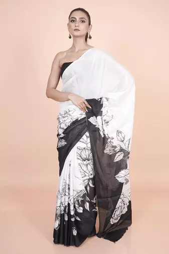 white coloured floral styled digital printed chinnon silk saree with blouse