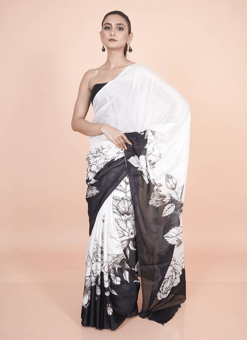 white coloured floral styled digital printed chinnon silk saree with blouse
