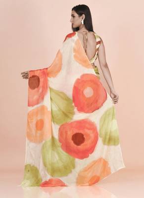 Multi coloured abstruct styled artistic  digital printed chinnon silk saree with blouse 4