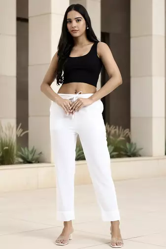 white mid-rise ankle-length regular fit poplin pants