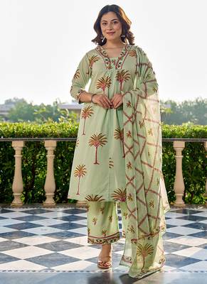  pastel green tree print a-line style cotton pleated yoke design kurta trouser dupatta set 1
