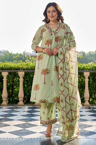 Yufta pastel green tree print a-line style cotton pleated yoke design kurta trouser dupatta set