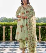 Yufta pastel green tree print a-line style cotton pleated yoke design kurta trouser dupatta set