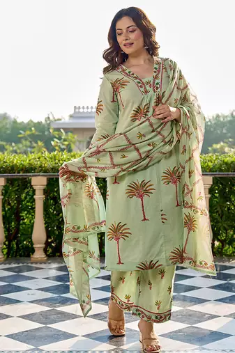 pastel green tree print a-line style cotton pleated yoke design kurta trouser dupatta set