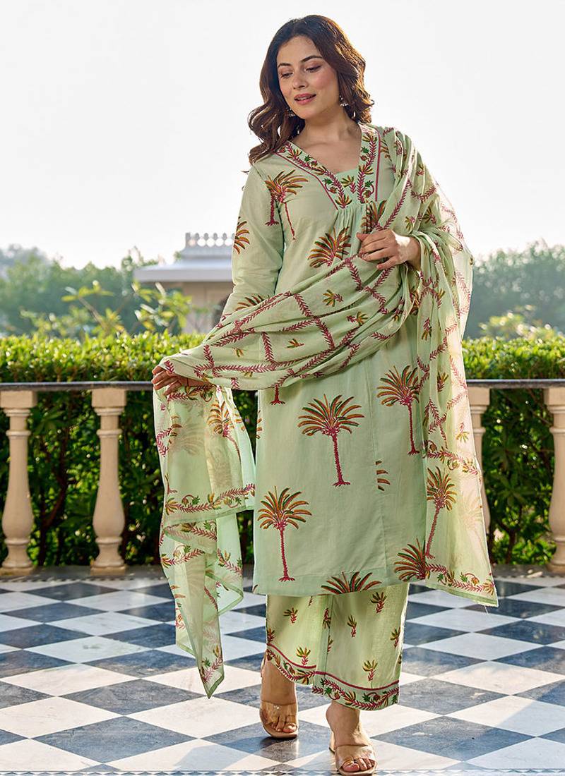Yufta pastel green tree print a-line style cotton pleated yoke design kurta trouser dupatta set