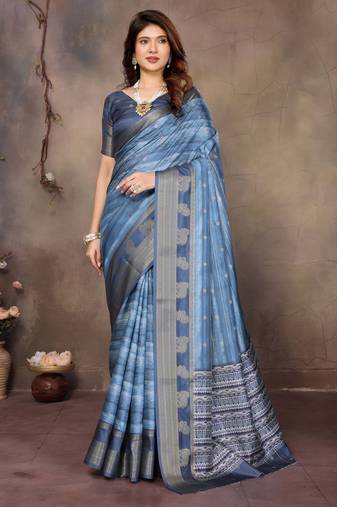 women's blue dola silk blend digital print saree with unstitched blouse piece