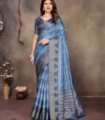 women's blue dola silk blend digital print saree with unstitched blouse piece