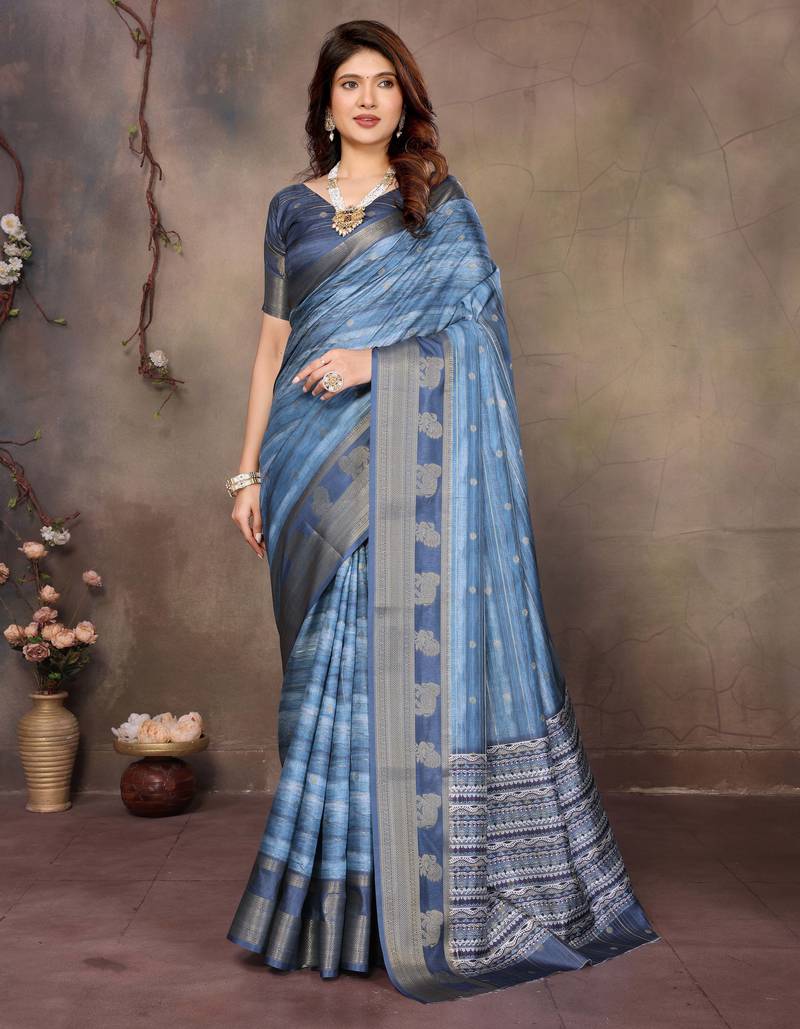 women's blue dola silk blend digital print saree with unstitched blouse piece