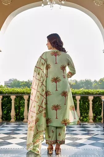  pastel green tree print a-line style cotton pleated yoke design kurta trouser dupatta set