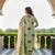 Yufta pastel green tree print a-line style cotton pleated yoke design kurta trouser dupatta set