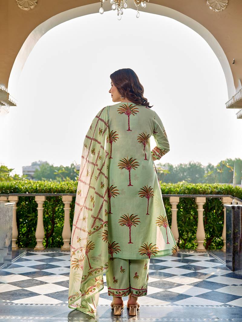 Yufta pastel green tree print a-line style cotton pleated yoke design kurta trouser dupatta set