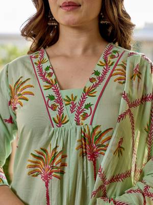  pastel green tree print a-line style cotton pleated yoke design kurta trouser dupatta set 4