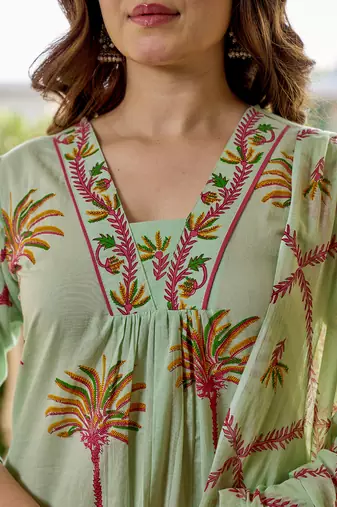  pastel green tree print a-line style cotton pleated yoke design kurta trouser dupatta set