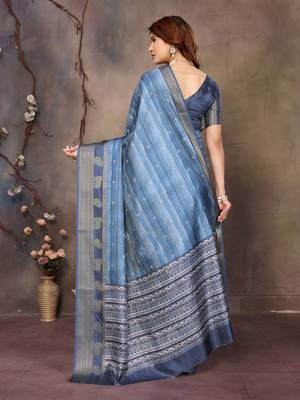 women's blue dola silk blend digital print saree with unstitched blouse piece 3