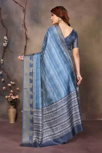 women's blue dola silk blend digital print saree with unstitched blouse piece