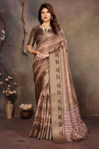 women's brown dola silk blend digital print saree with unstitched blouse piece
