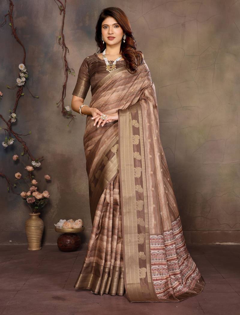 women's brown dola silk blend digital print saree with unstitched blouse piece