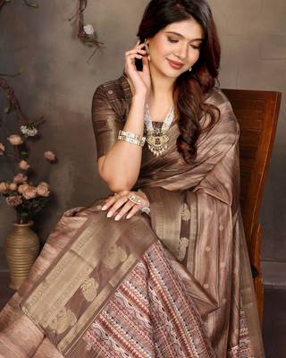 women's brown dola silk blend digital print saree with unstitched blouse piece 2