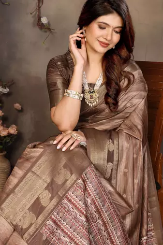 women's brown dola silk blend digital print saree with unstitched blouse piece