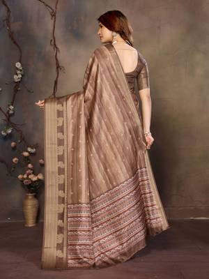 women's brown dola silk blend digital print saree with unstitched blouse piece 3