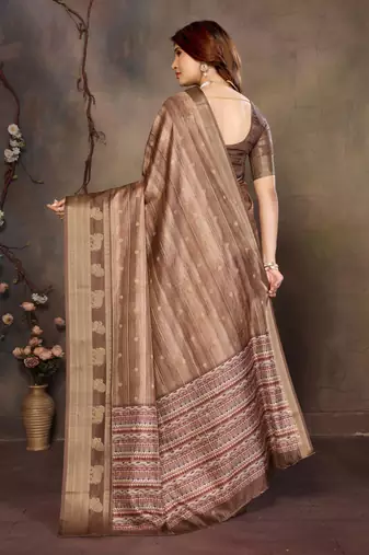 women's brown dola silk blend digital print saree with unstitched blouse piece