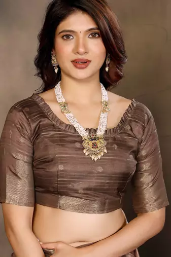 women's brown dola silk blend digital print saree with unstitched blouse piece