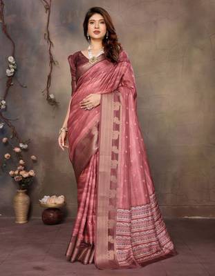 women's maroon dola silk blend digital print saree with unstitched blouse piece 1