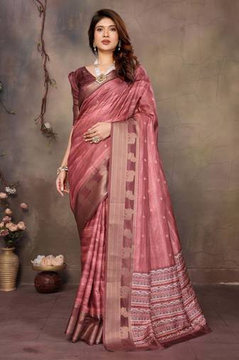 women's maroon dola silk blend digital print saree with unstitched blouse piece