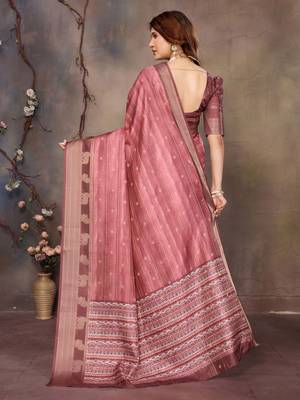 women's maroon dola silk blend digital print saree with unstitched blouse piece 3