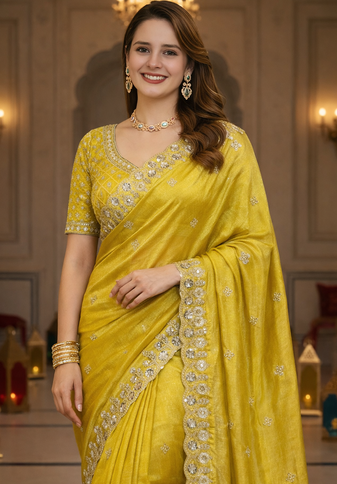 Yellow Color Fancy Designer Satin Silk Saree