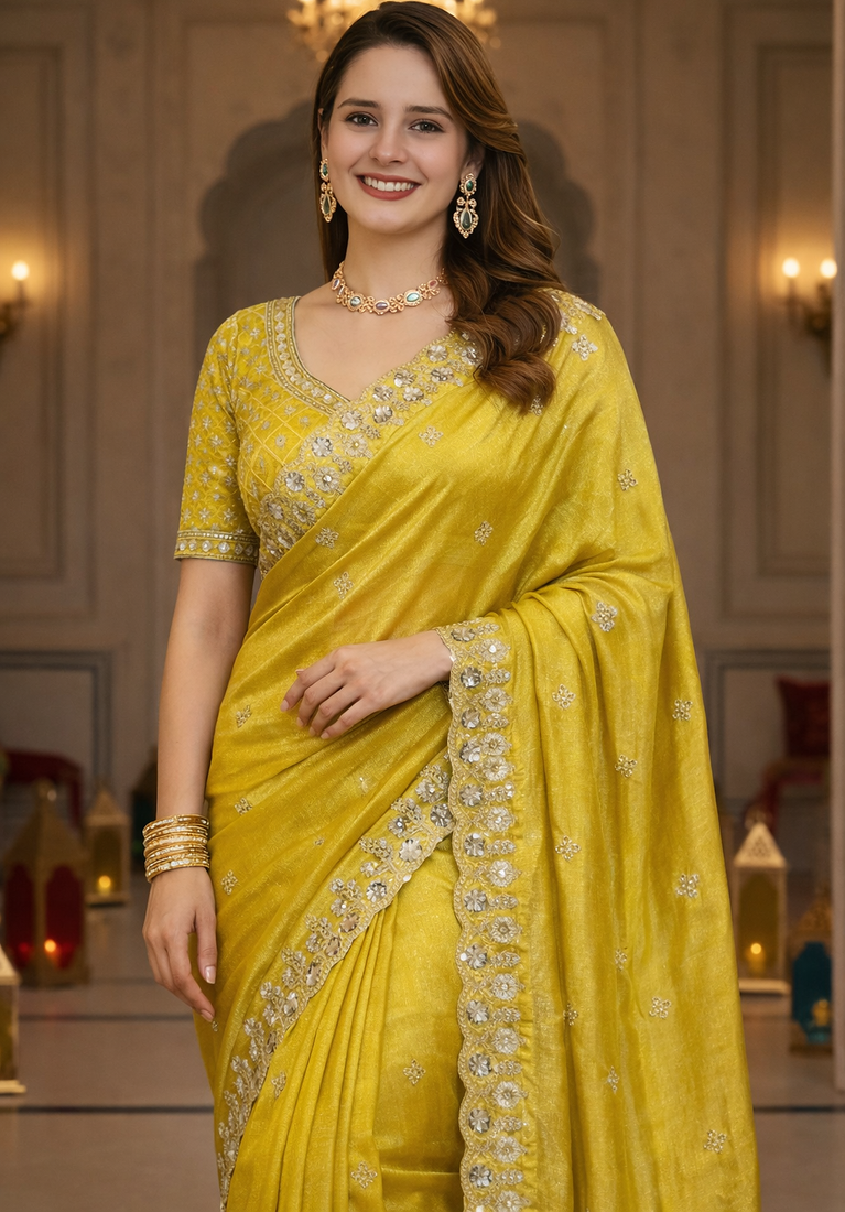 Yellow Color Fancy Designer Satin Silk Saree