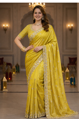 Yellow Color Fancy Designer Satin Silk Saree 2
